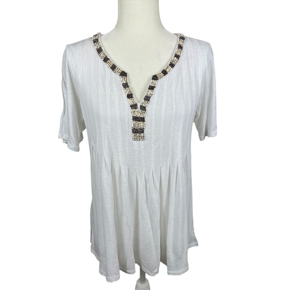 Sundance Linen Blend Tunic Top Embellished Beaded Boho Festival White Sz Small